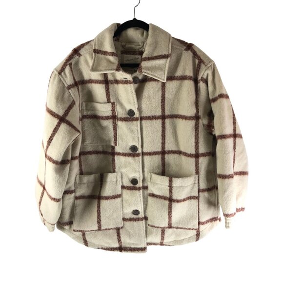 Universal Thread Womens Oversized Windowpane Plaid Shacket Jacket Beige/Brown L - Picture 3 of 7